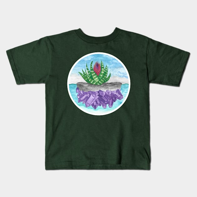 Purple Amethyst Crystal Island Tillandasia Air Plant in Ocean (Apparel Version) Kids T-Shirt by Penny Passiflora Studio